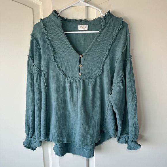 Fate Ruffle‎ Trim Blouse Long Sleeve Split Neck Top Gauze Boho Peasant Crinkle S - Picture 1 of 5